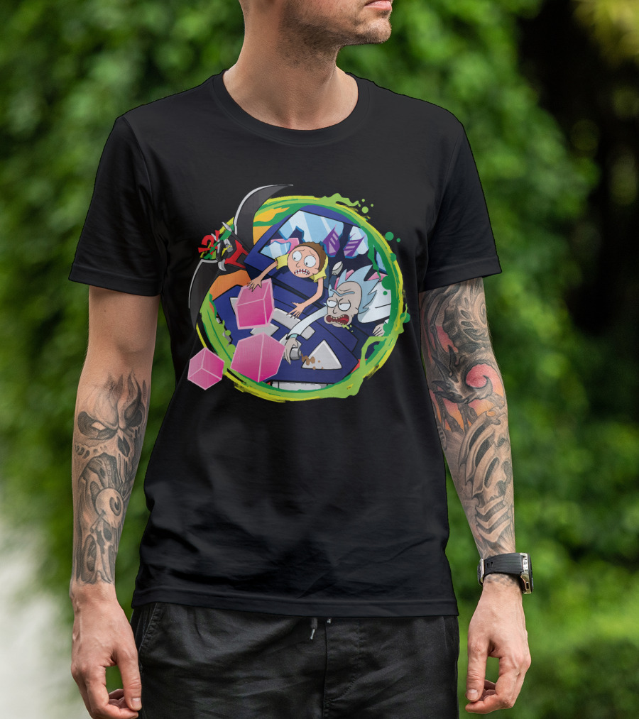 Rick And Morty In Cyber Portal Adventure With Pink Cubes And Alien Figures T-Shirt