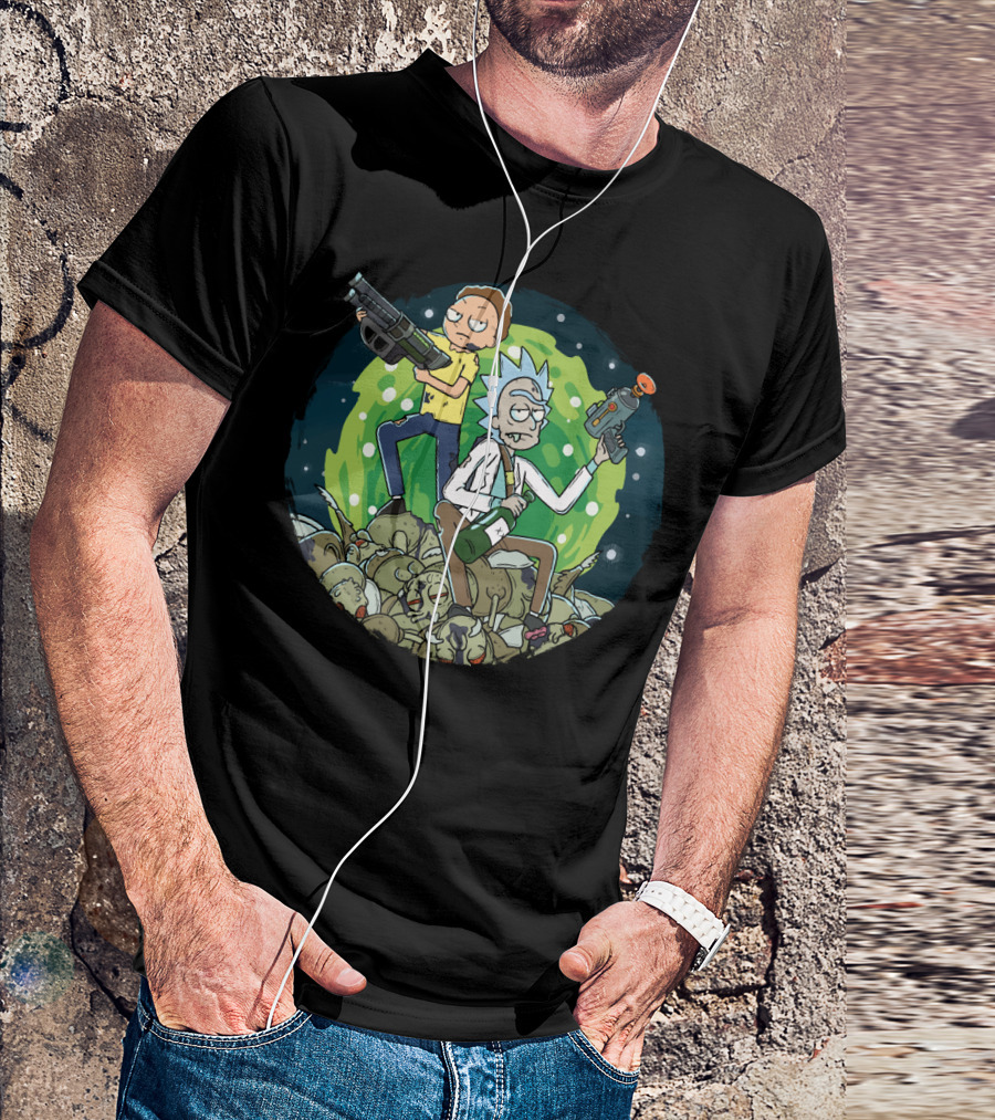 Rick And Morty Battle Against The Gromflomites In Outer Space Adventure Background T-Shirt