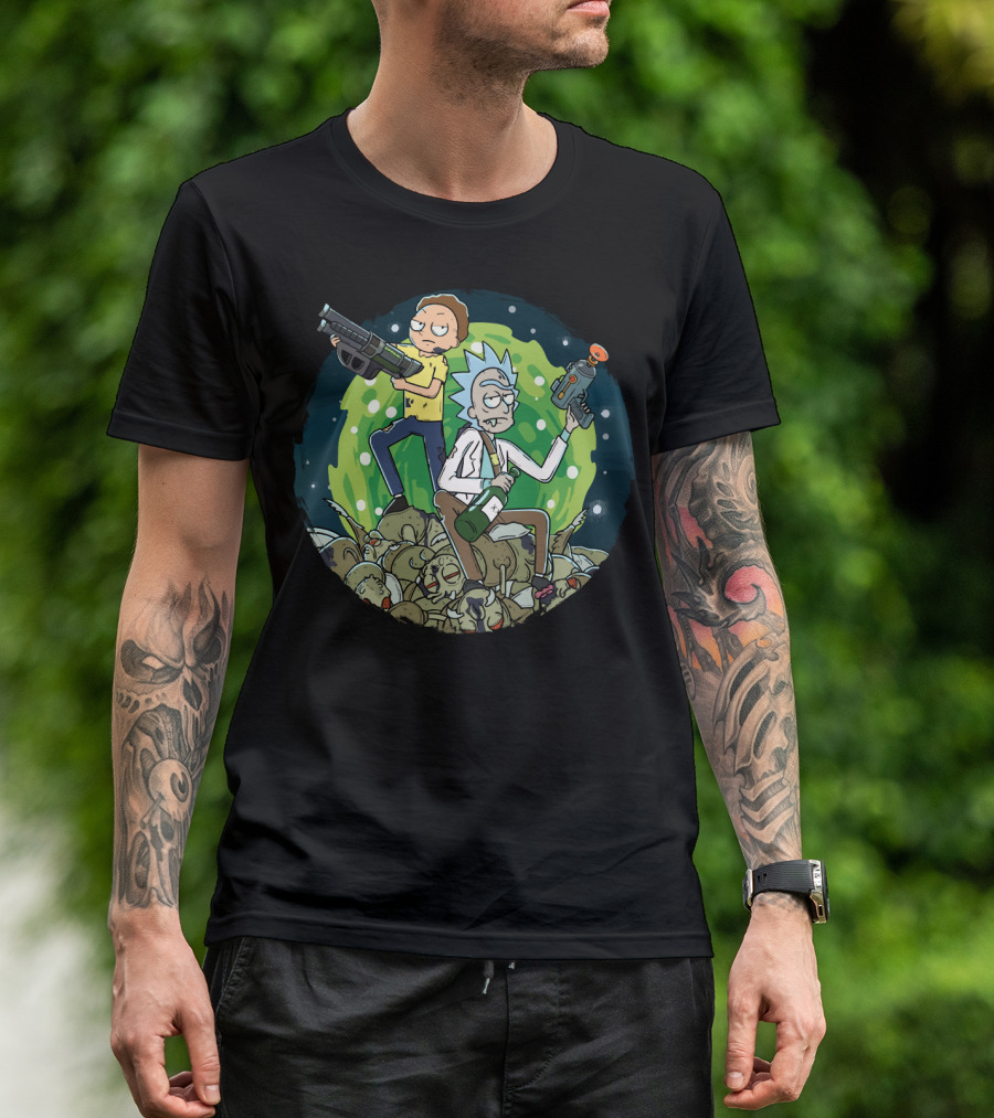 Rick And Morty Battle Against The Gromflomites In Outer Space Adventure Background T-Shirt