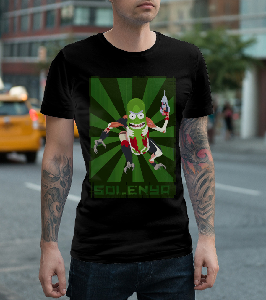 SOLENYA Mutant Pickle Character With Tools And Green Background T-Shirt