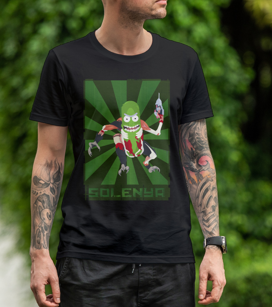 SOLENYA Mutant Pickle Character With Tools And Green Background T-Shirt
