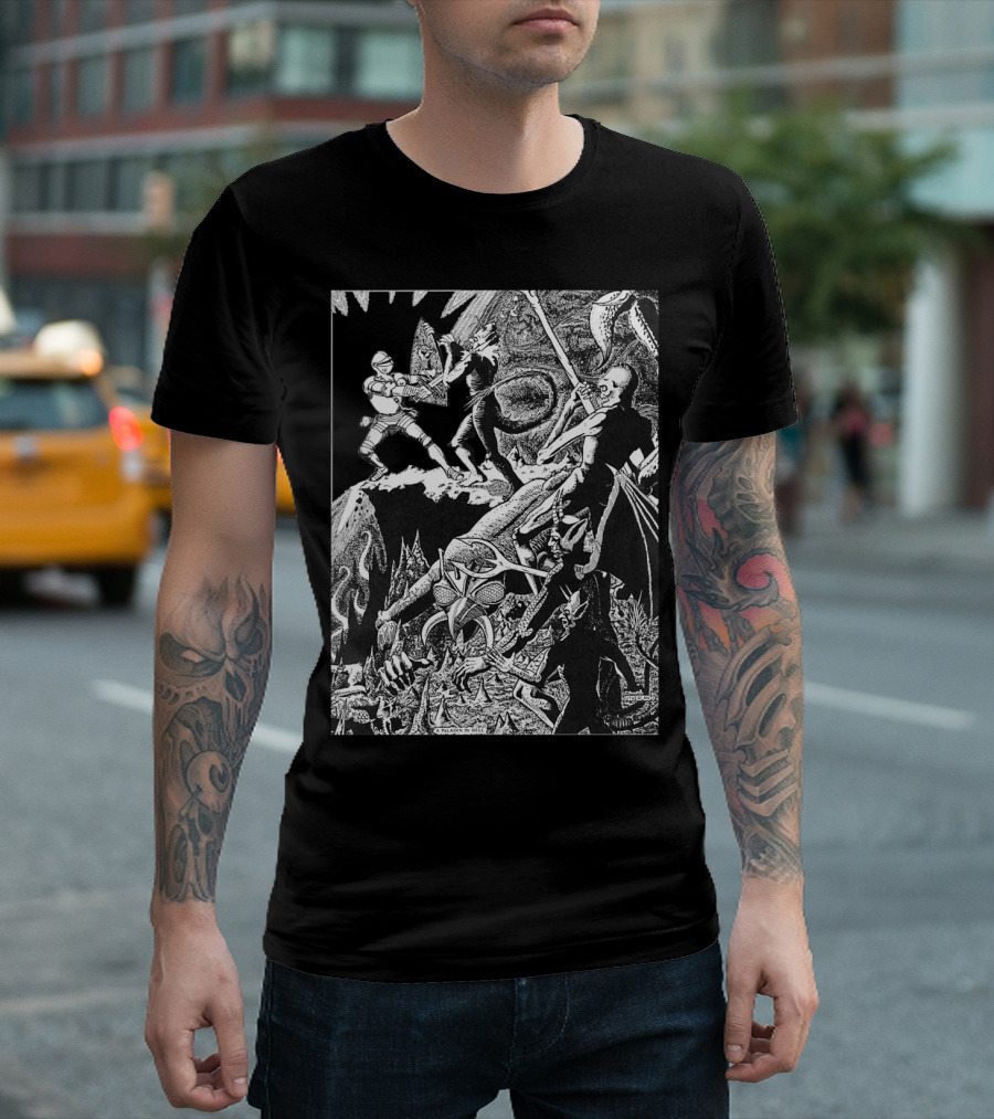 PALADIN IN HELL Classic Dungeon Adventure Battle Scene with Demons and Warriors T-Shirt