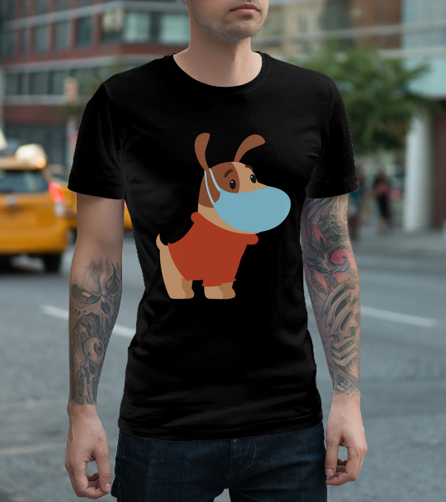 Dog with Mask in Red T-Shirt