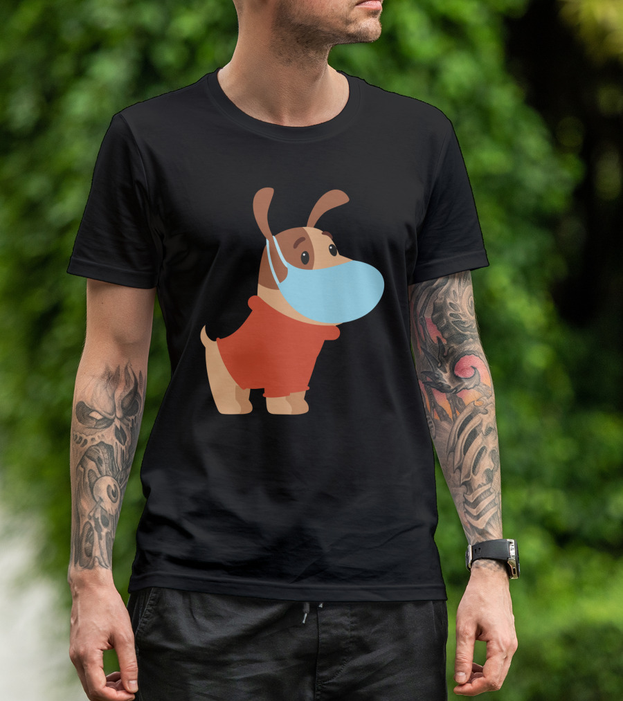 Dog With Mask In Red T-Shirt