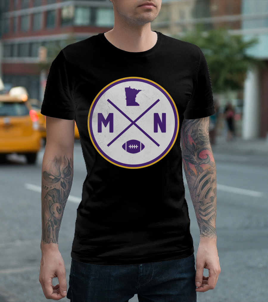 MN State Outline Minnesota Football Crossed Sticks Icon Purple Gold Circle T-Shirt