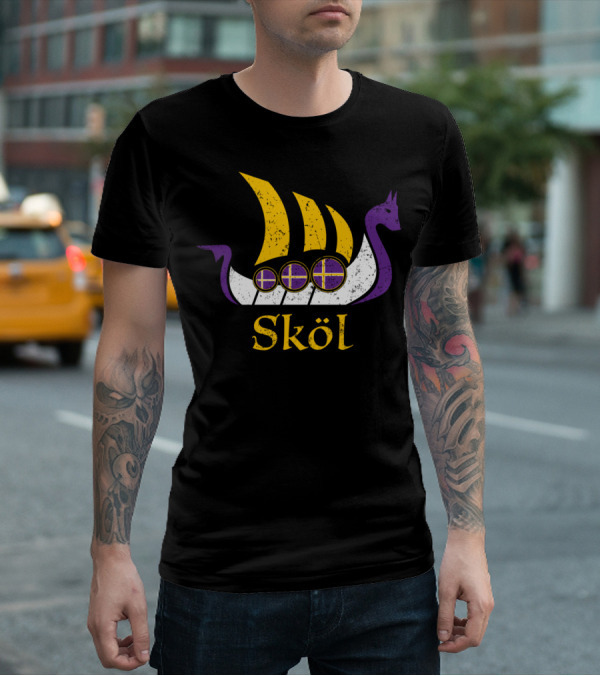Skol Nordic Scandinavian Vikings Boat With Purple And Yellow Dragon Head T-Shirt