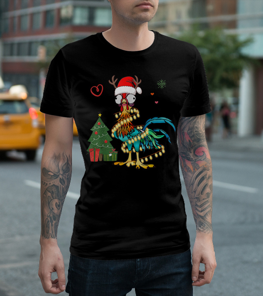 Chicken Reindeer Christmas Lights Santa Hat Christmas Tree T-Shirt