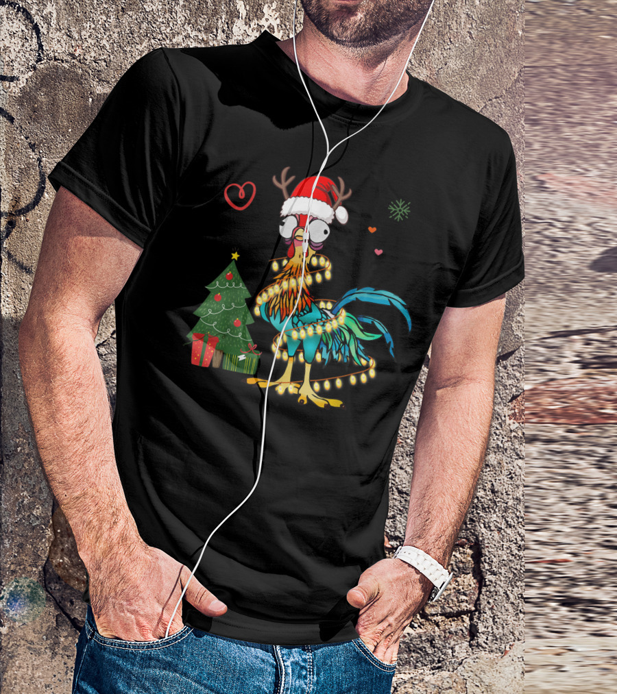 Chicken Reindeer Christmas Lights Santa Hat Christmas Tree T-Shirt
