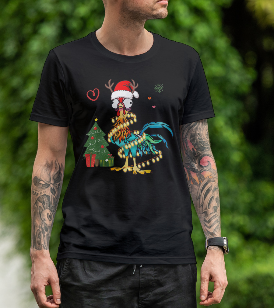 Chicken Reindeer Christmas Lights Santa Hat Christmas Tree T-Shirt
