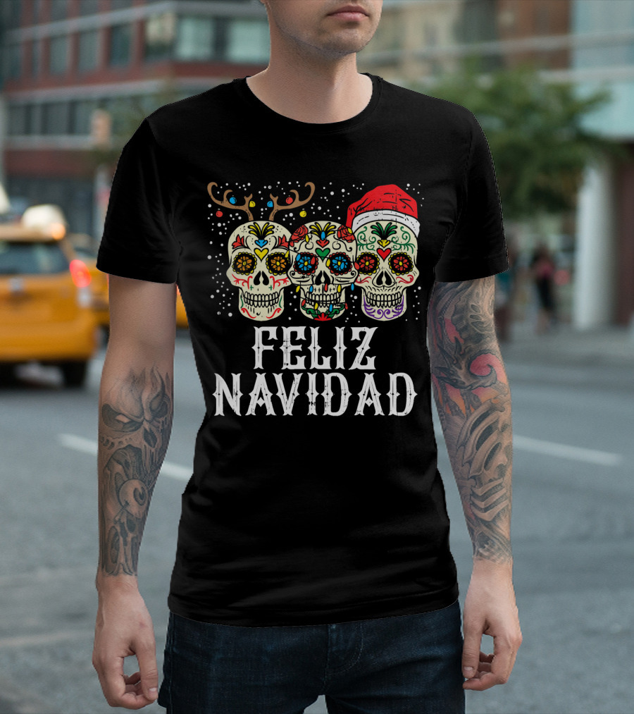 Feliz Navidad Sugar Skulls Reindeer Santa Fun Christmas Holiday Cheer T-Shirt