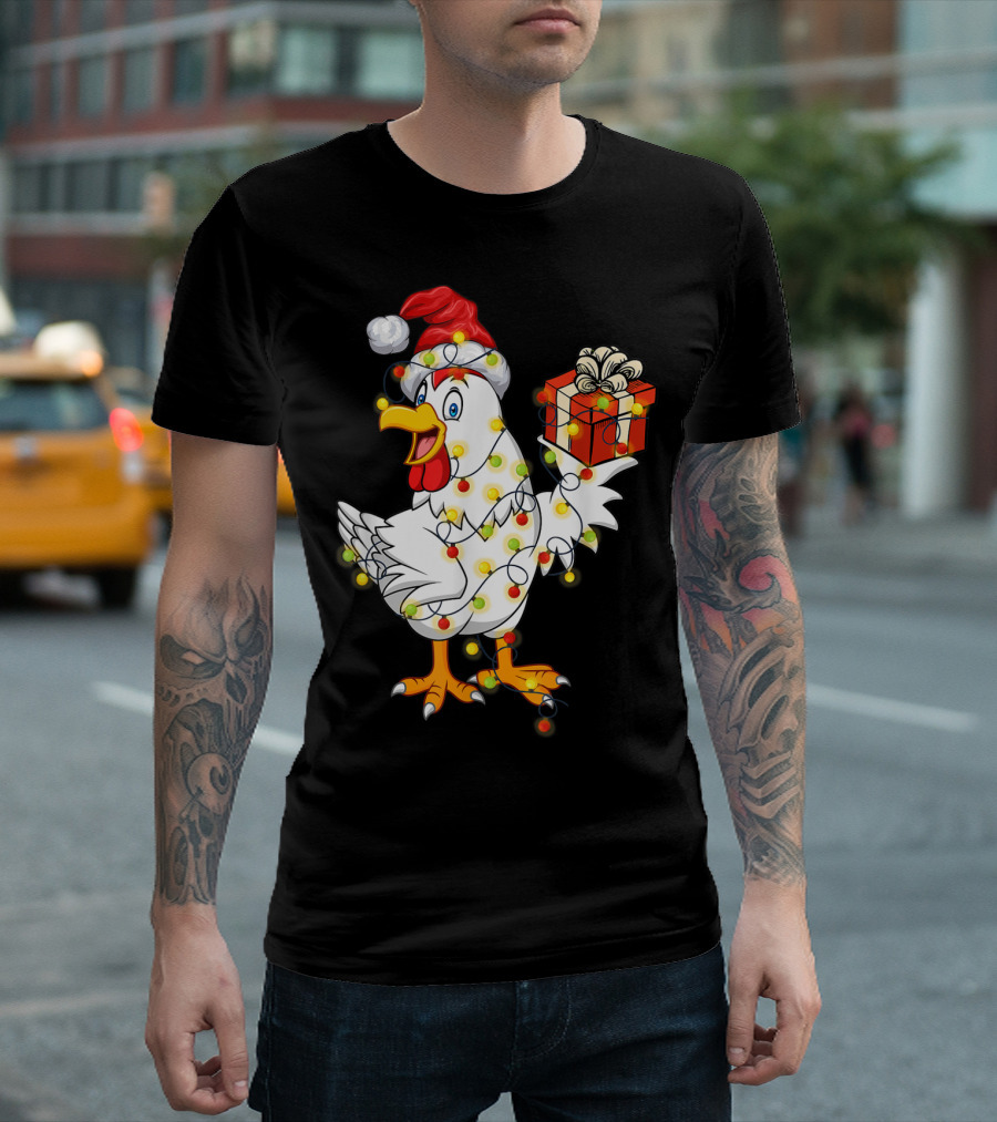 Funny Chicken Wrapped in Christmas Lights with Santa Hat and Gift T-Shirt