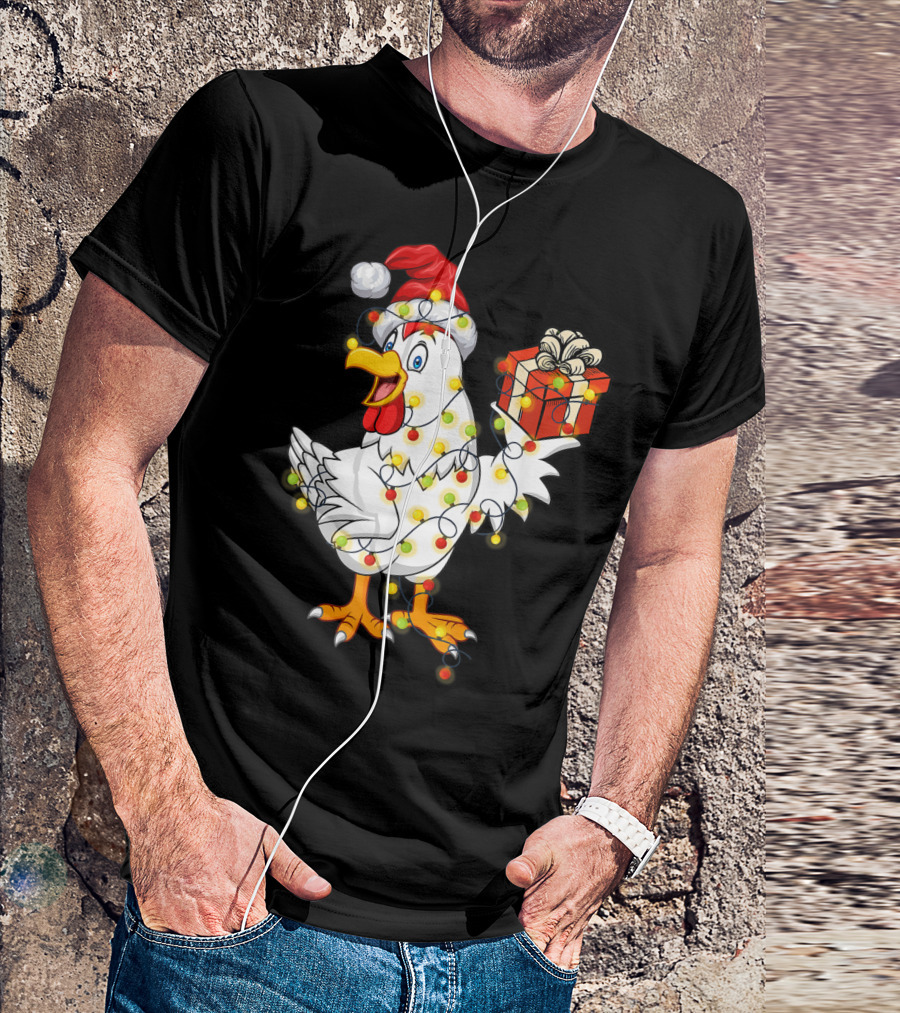 Funny Chicken Wrapped In Christmas Lights With Santa Hat And Gift T-Shirt