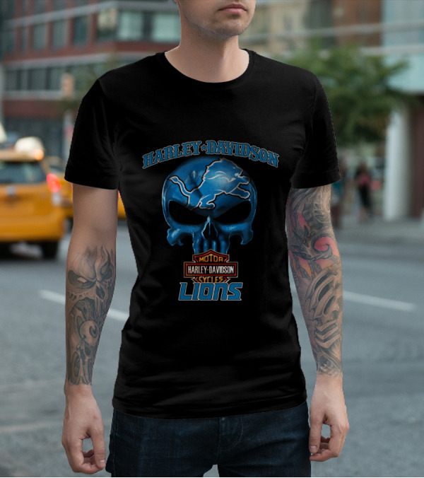 Harley Davidson Motor Cycles Lions Skull Detroit Nfl T-Shirt