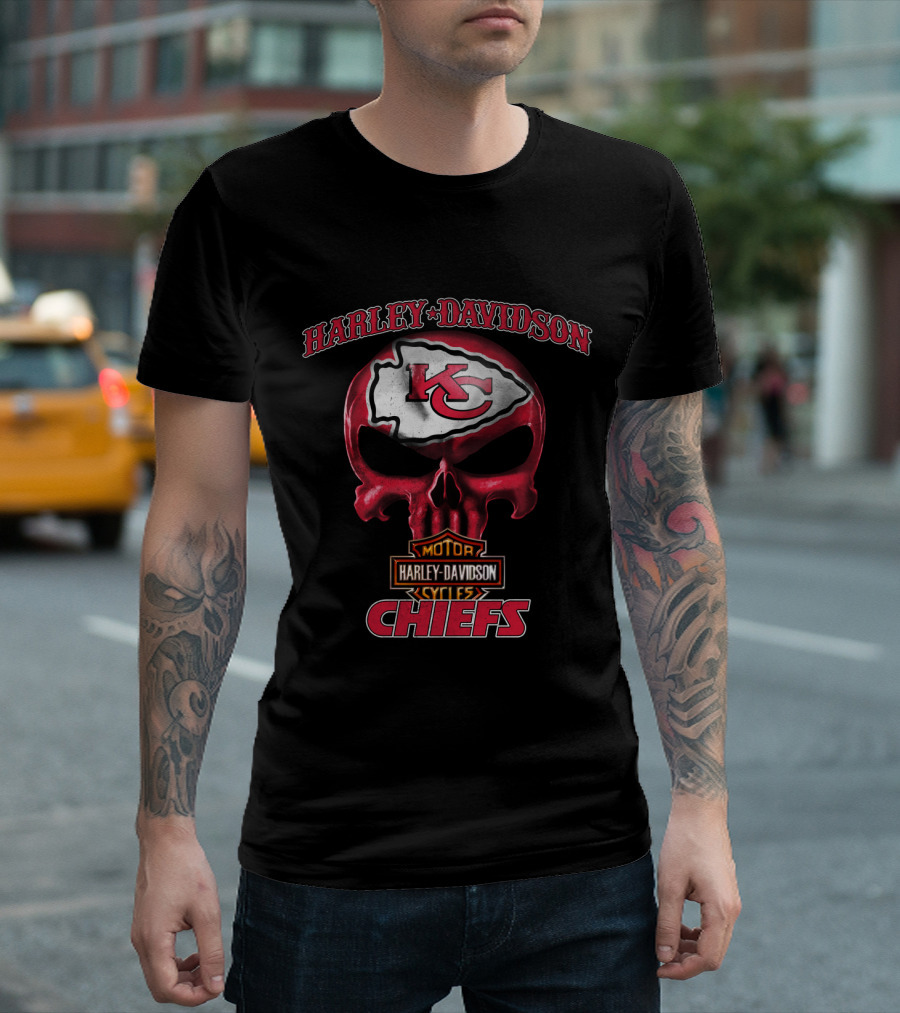 Harley Davidson Kansas City Chiefs Skull Hl Nfl Motor Cycles T-Shirt