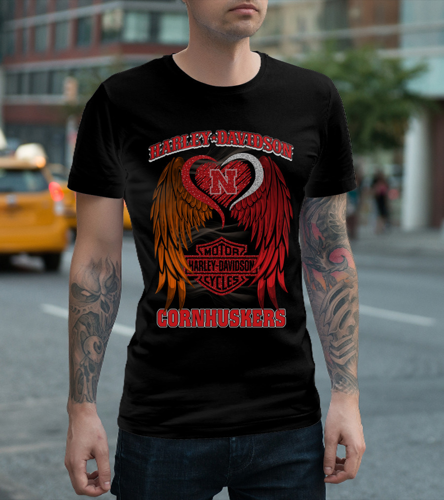 Harley Davidson Heart Wings Nebraska Cornhuskers Motorcycles T-Shirt