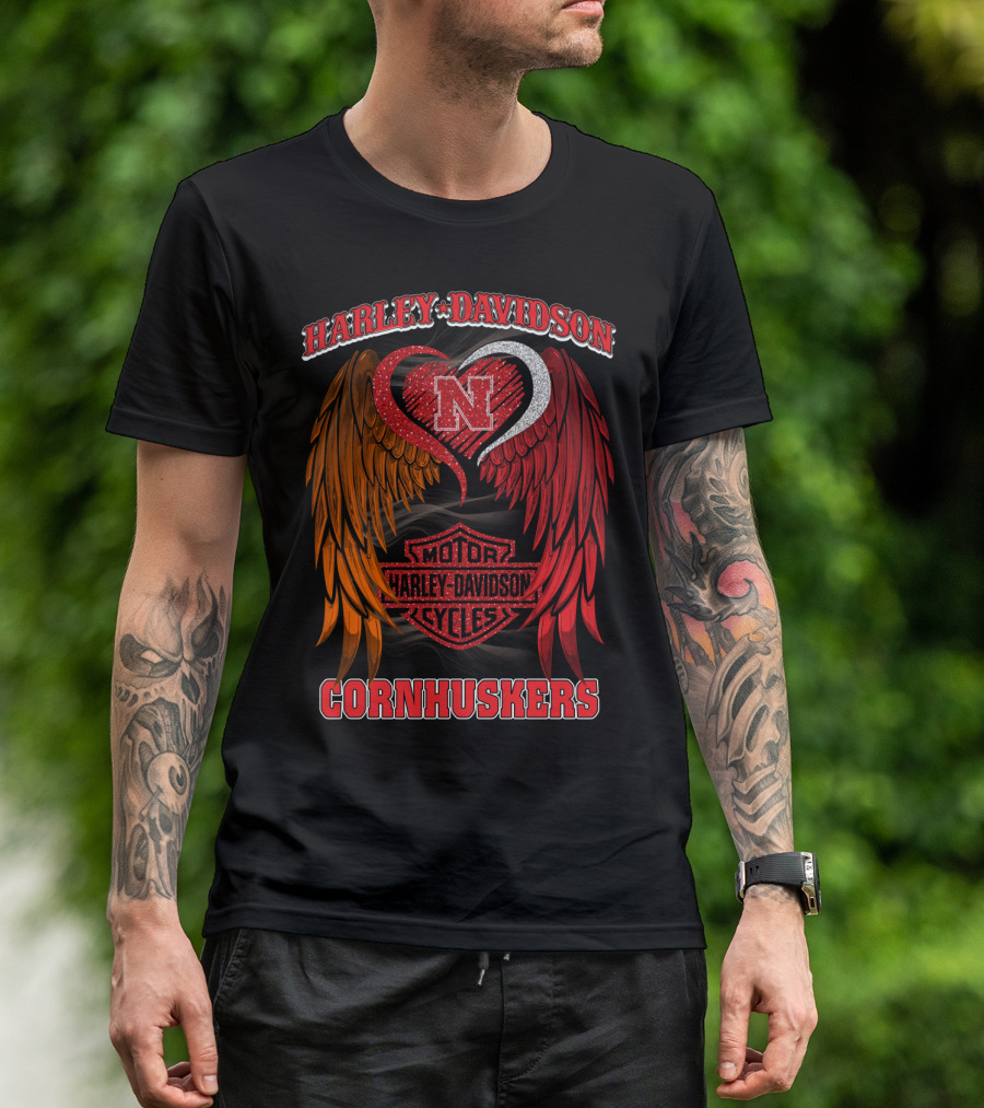 Harley Davidson Heart Wings Nebraska Cornhuskers Motorcycles T-Shirt