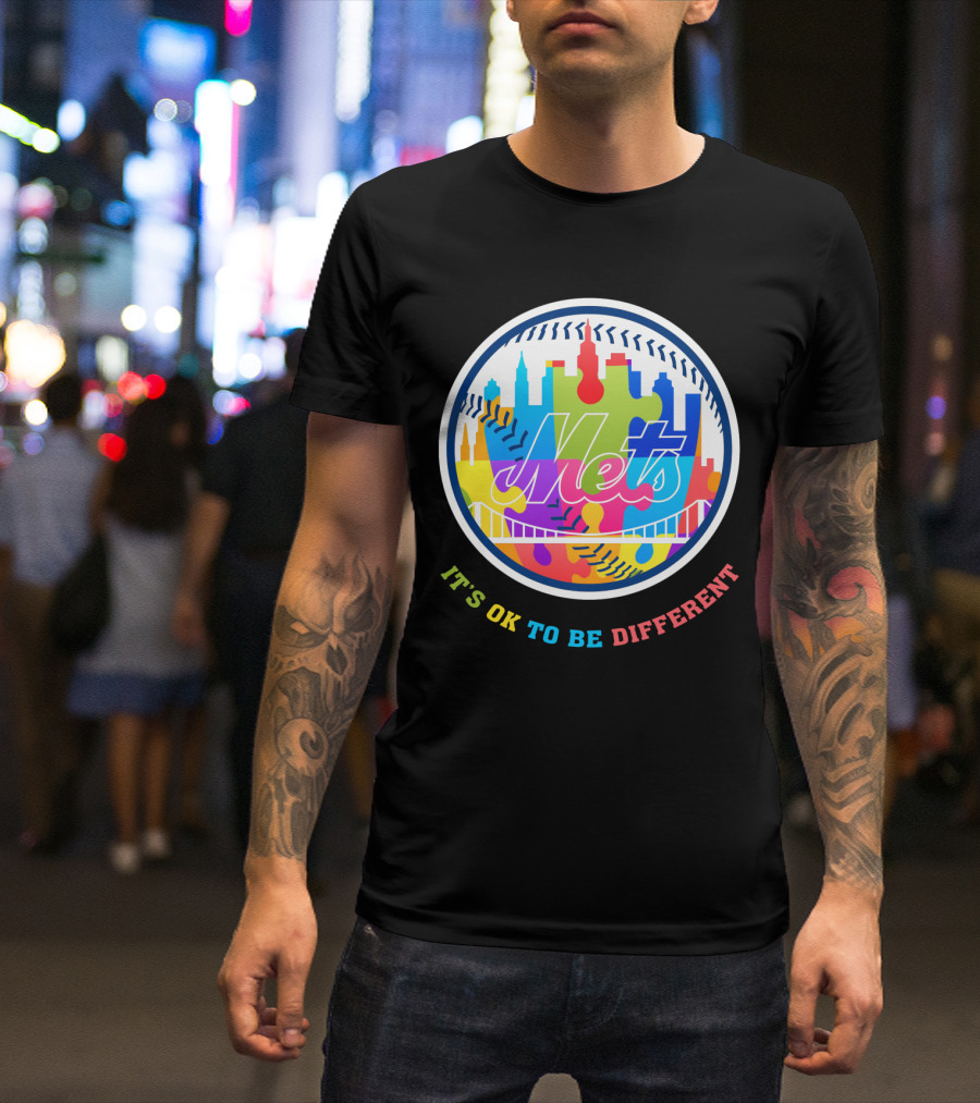 New York Mets It's OK To Be Different Colorful Skyline Bridge Puzzle Baseball T-Shirt
