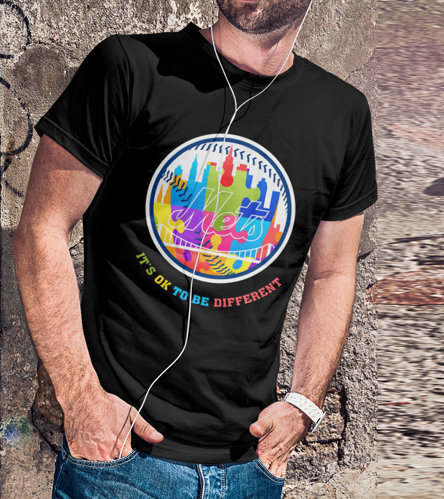New York Mets It's OK To Be Different Colorful Skyline Bridge Puzzle Baseball T-Shirt