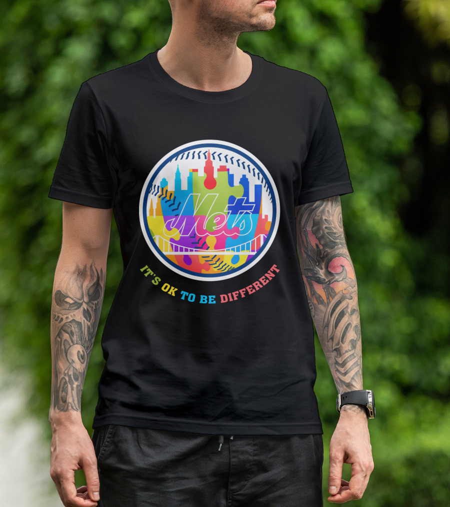 New York Mets It's OK To Be Different Colorful Skyline Bridge Puzzle Baseball T-Shirt