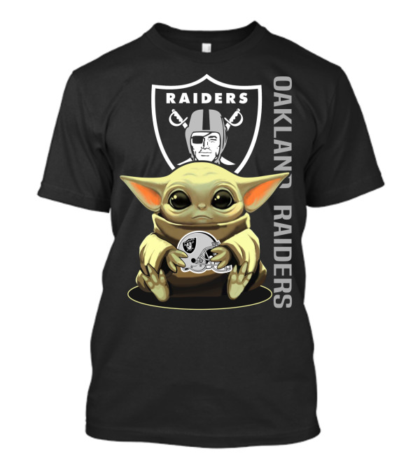 Baby Yoda Holding Oakland Raiders Helmet With Raiders Logo In Background T-Shirt