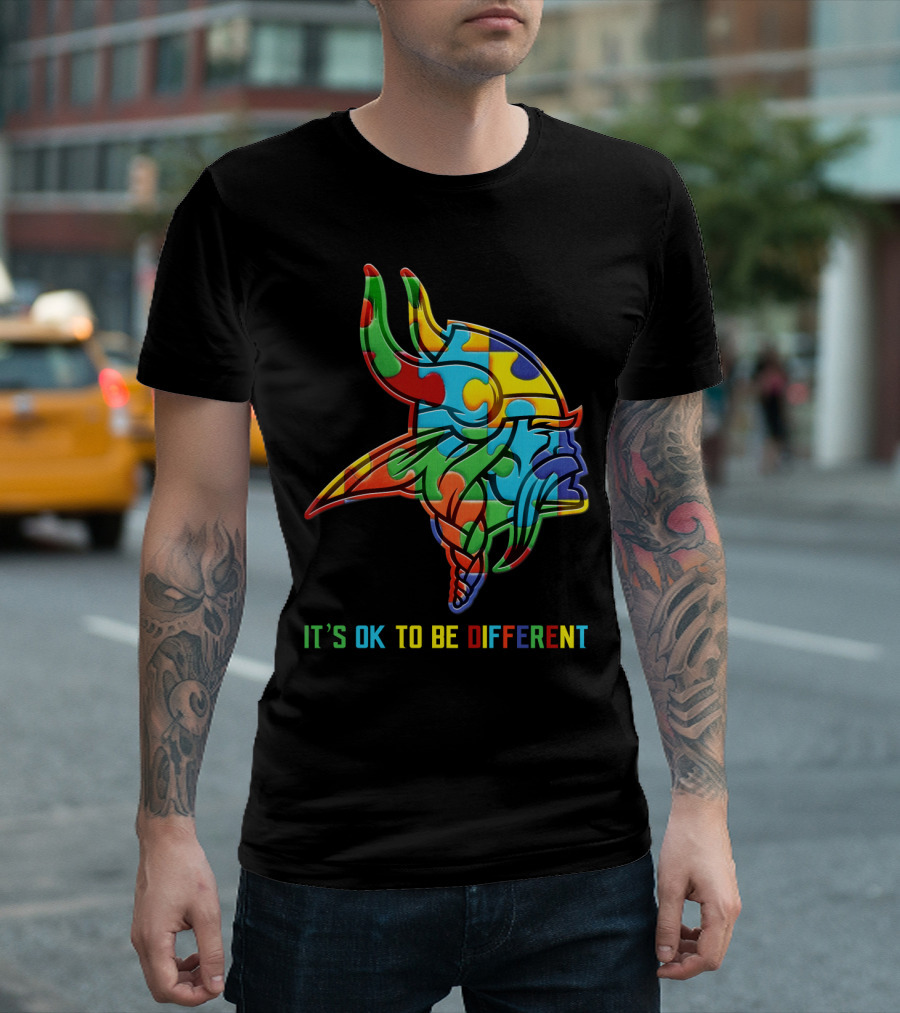 Vikings It's OK To Be Different Colorful Puzzle Viking Helmet T-Shirt