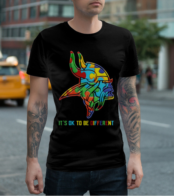 Vikings It's OK To Be Different Colorful Puzzle Viking Helmet T-Shirt