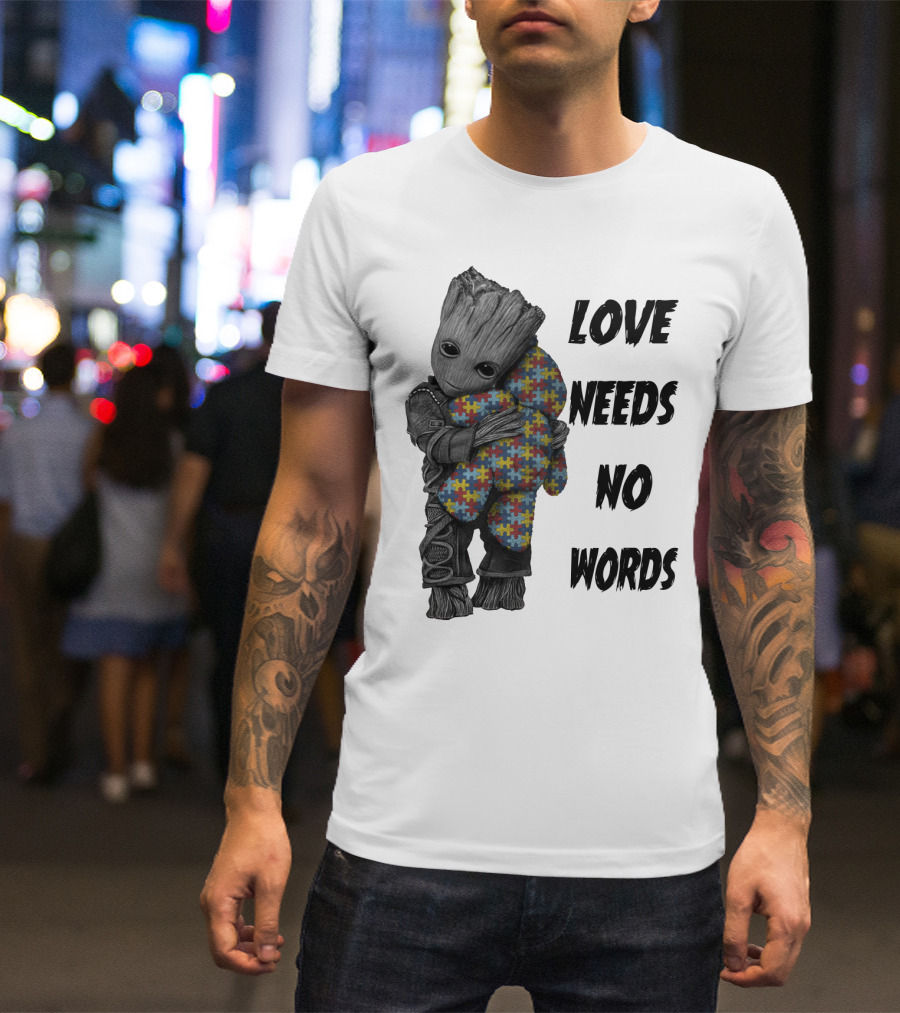 Love Needs No Words Groot Hugging Puzzle Piece Autism Awareness T-Shirt