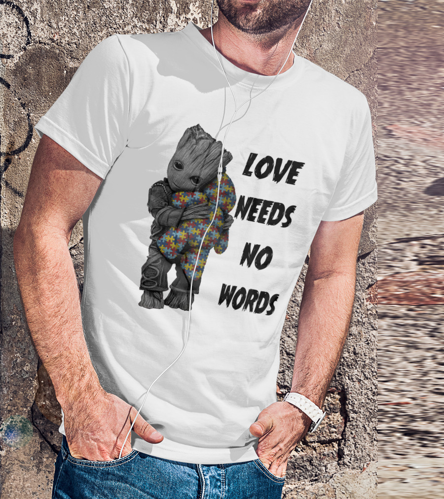 Love Needs No Words Groot Hugging Puzzle Piece Autism Awareness T-Shirt