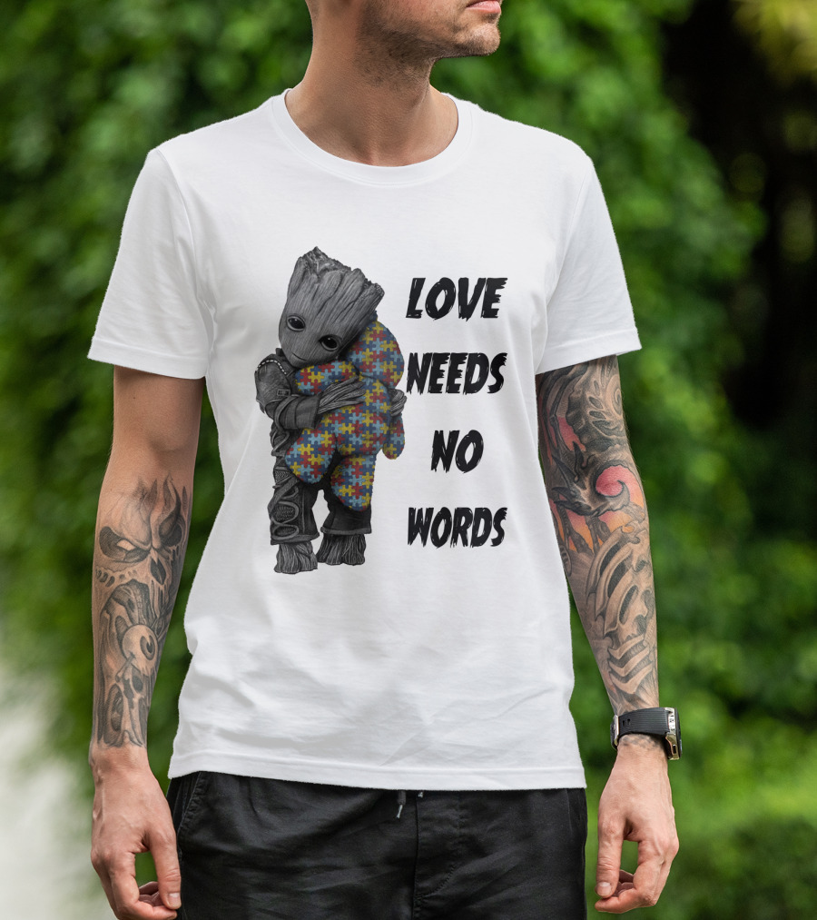 Love Needs No Words Groot Hugging Puzzle Piece Autism Awareness T-Shirt