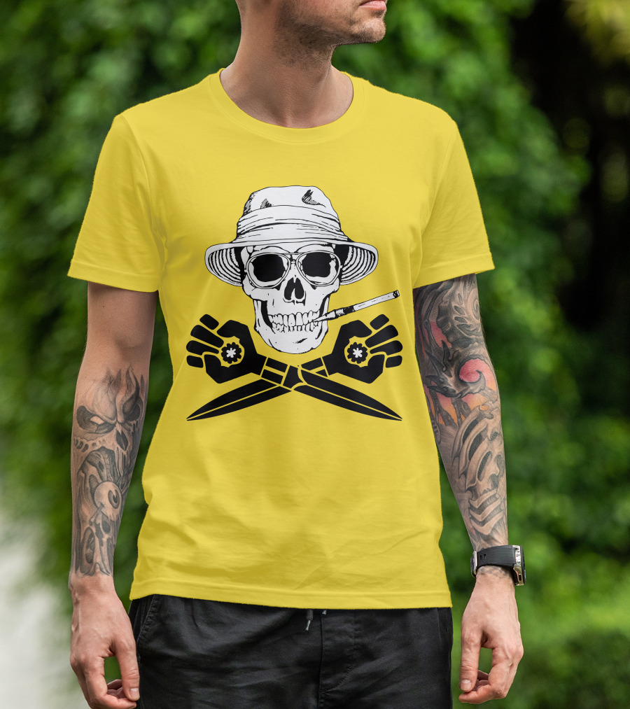 Hunter Thompson Skull Smoking With Hat And Scissors T-Shirt
