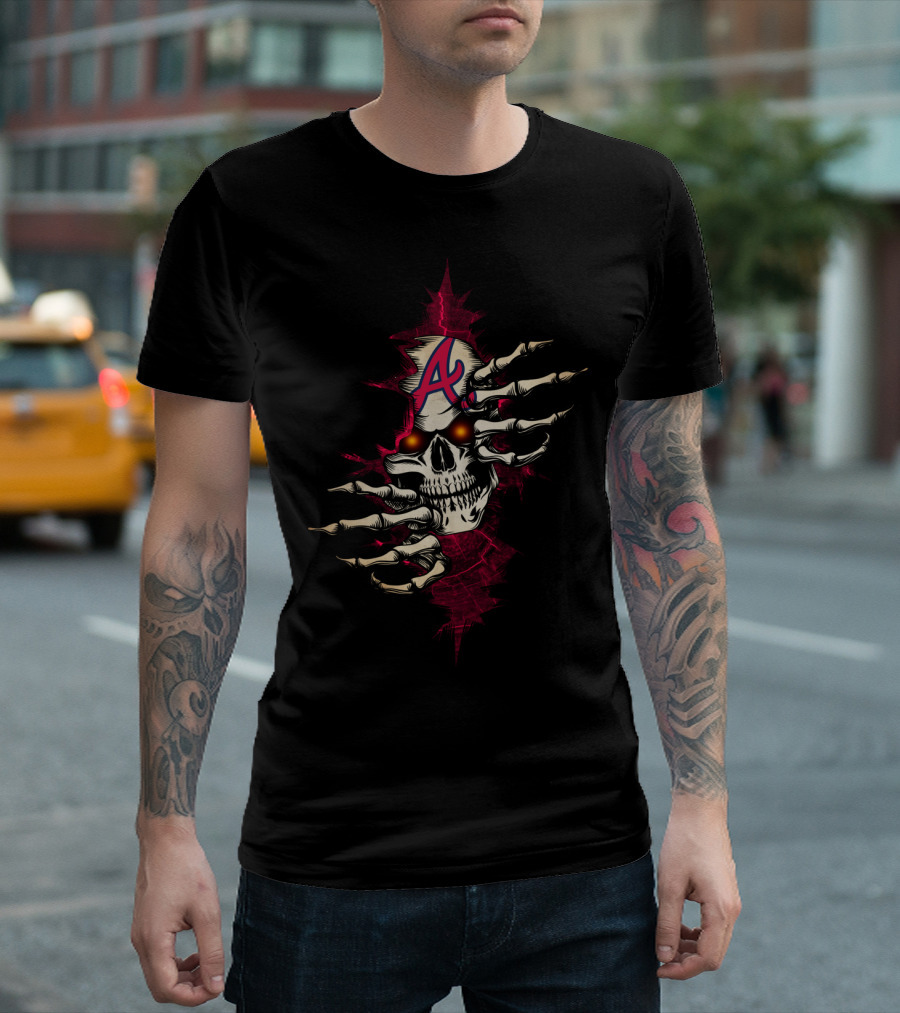 SKULL WITH BRAVES INSPIRED A LOGO AND SKELETAL HANDS T-Shirt