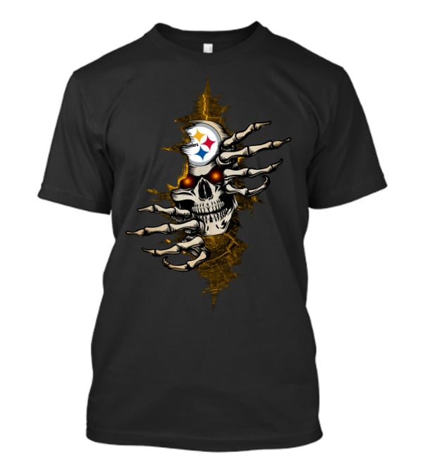 Skull Steelers Creepy Hand And NFL Team Logo Skull T-Shirt