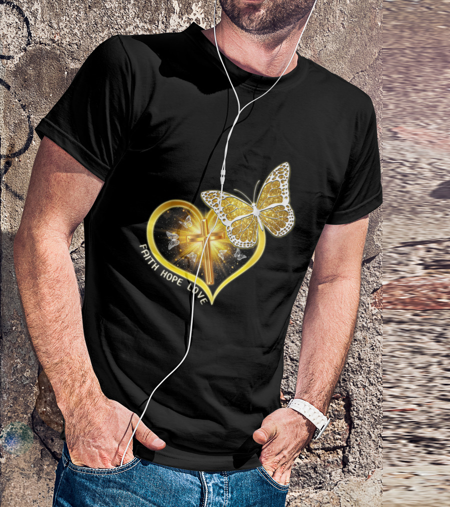 Faith Hope Love Butterfly Heart Christian Cross Jesus T-Shirt