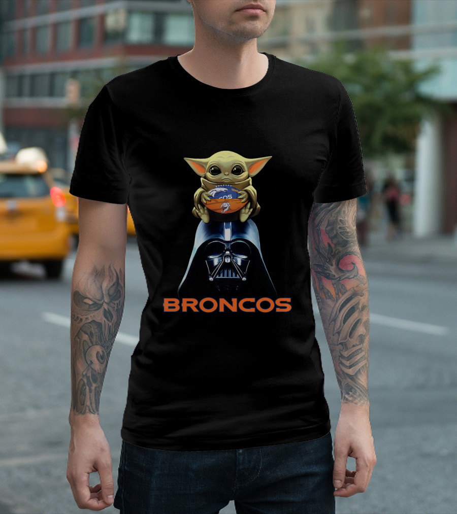 Baby Yoda Holding Denver Broncos Football On Darth Vader With Broncos T-Shirt