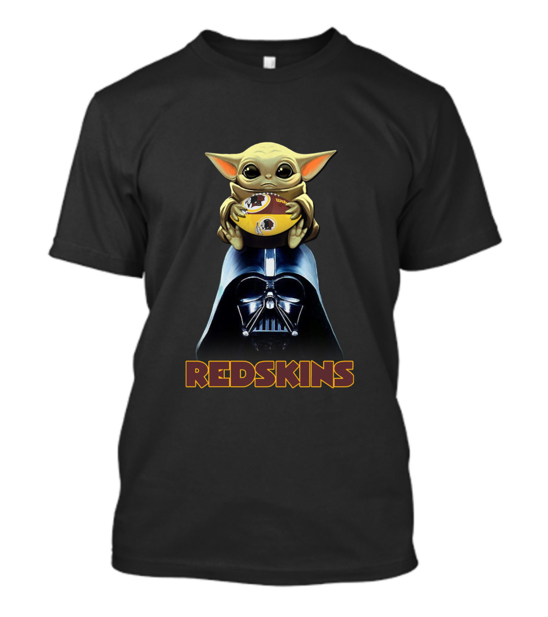 Redskins Baby Yoda Holding Football On Darth Vader Helmet T-Shirt
