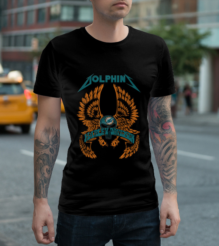 Miami Dolphins Harley Davidson Nfl Collaboration Wings Skull T-Shirt