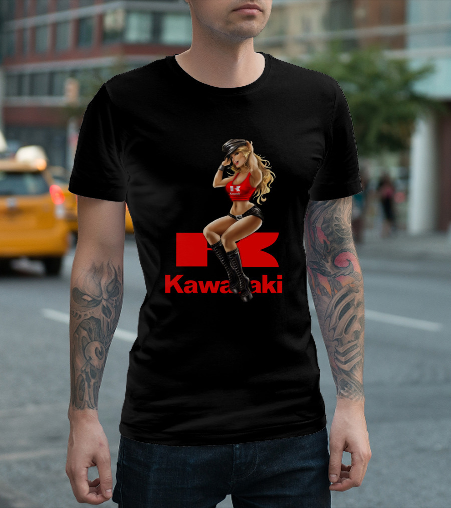 Kawasaki Girl In Red And Black Outfit With Cap And Boots T-Shirt