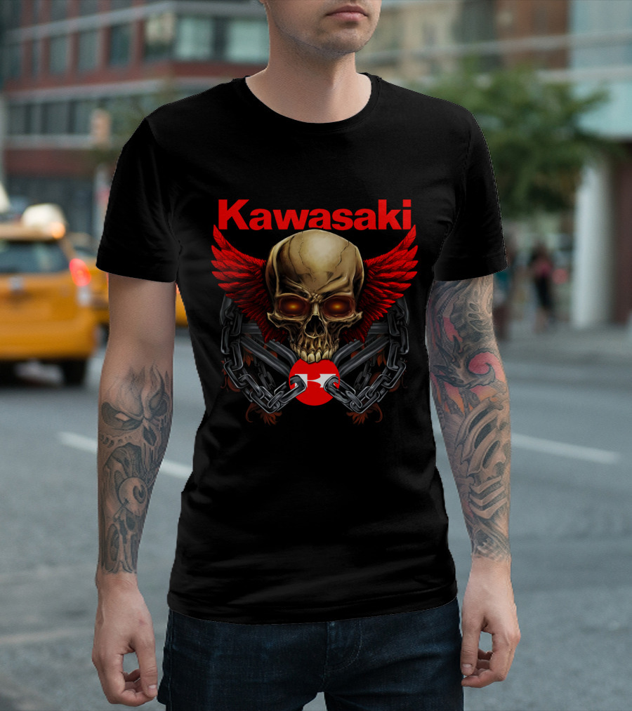 Kawasaki Red Winged Skull And Chains T-Shirt