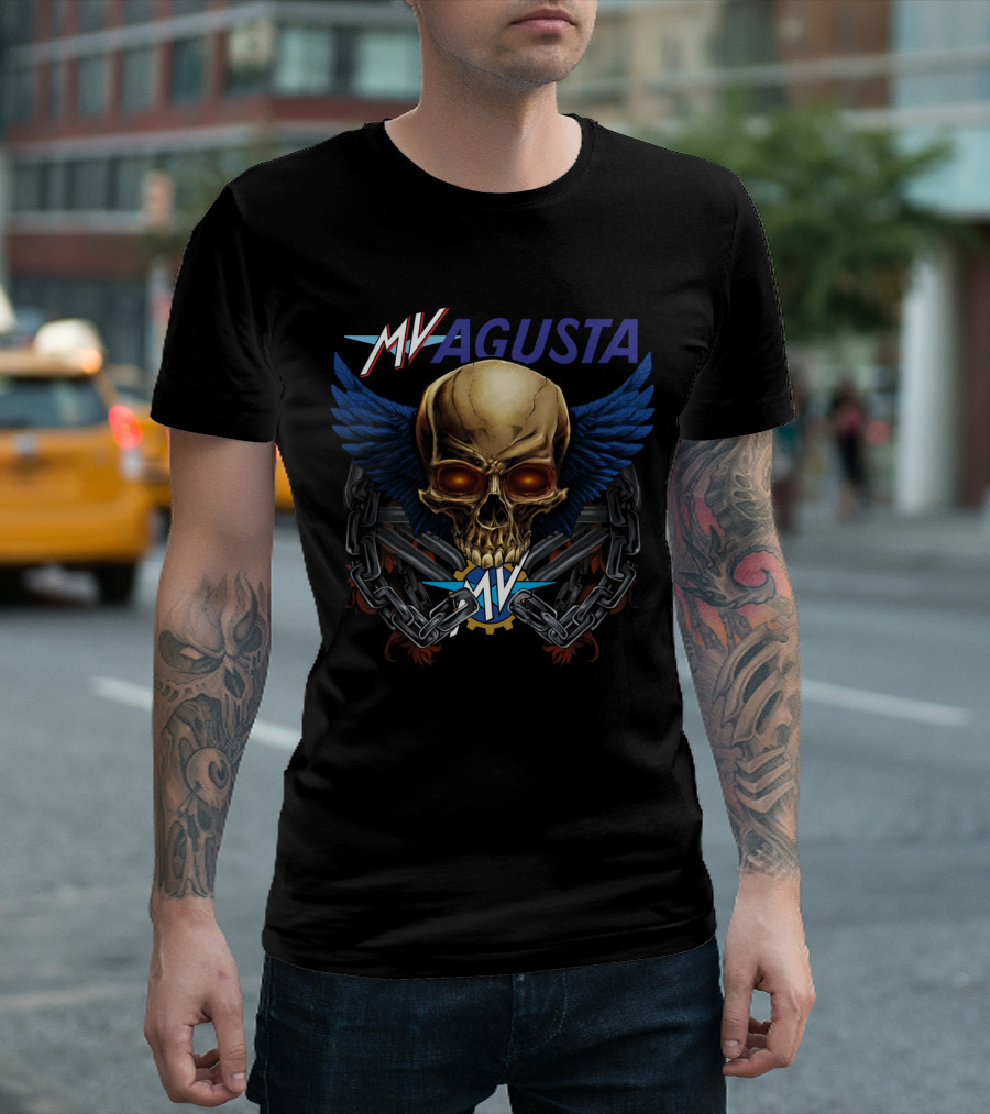 Mv Agusta Skull With Blue Wings And Chains T-Shirt