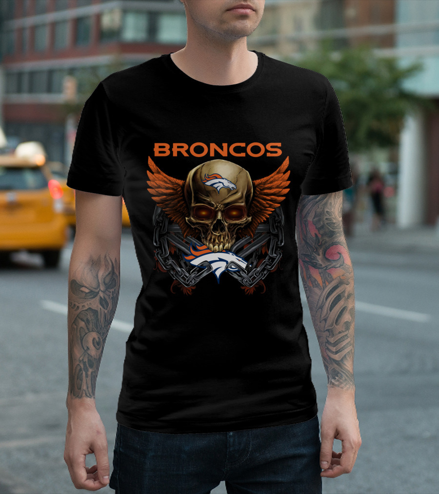 Broncos Skull Winged Logo With Chain And Horsehead T-Shirt