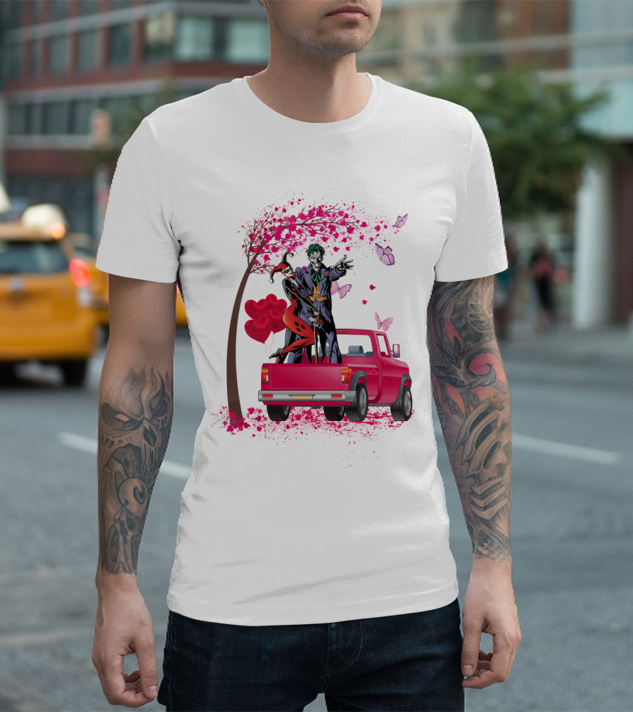 Harley Quinn And Joker Standing On Red Truck With Hearts And Butterflies T-Shirt