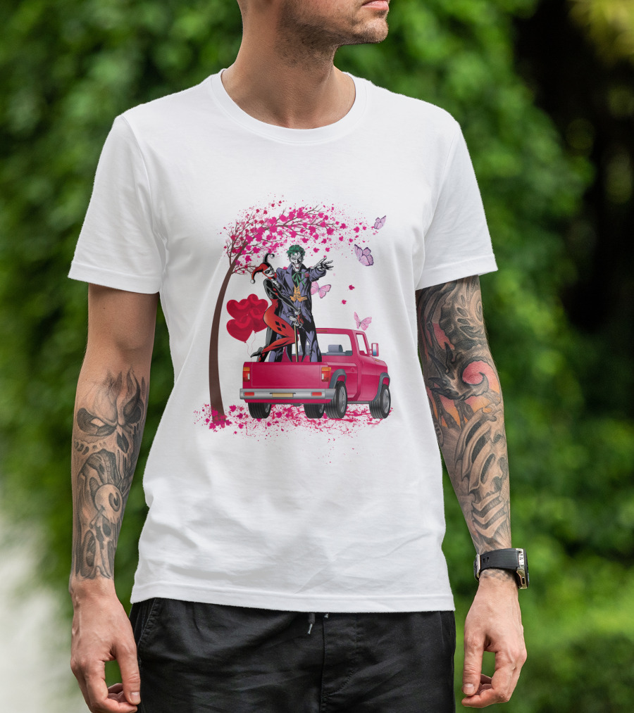 Harley Quinn And Joker Standing On Red Truck With Hearts And Butterflies T-Shirt