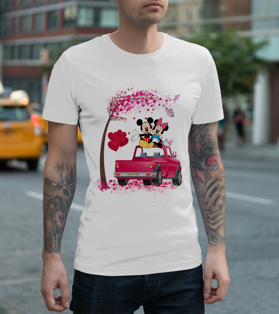 Mickey Minnie Mouse Red Truck Pink Heart Balloons T-Shirt