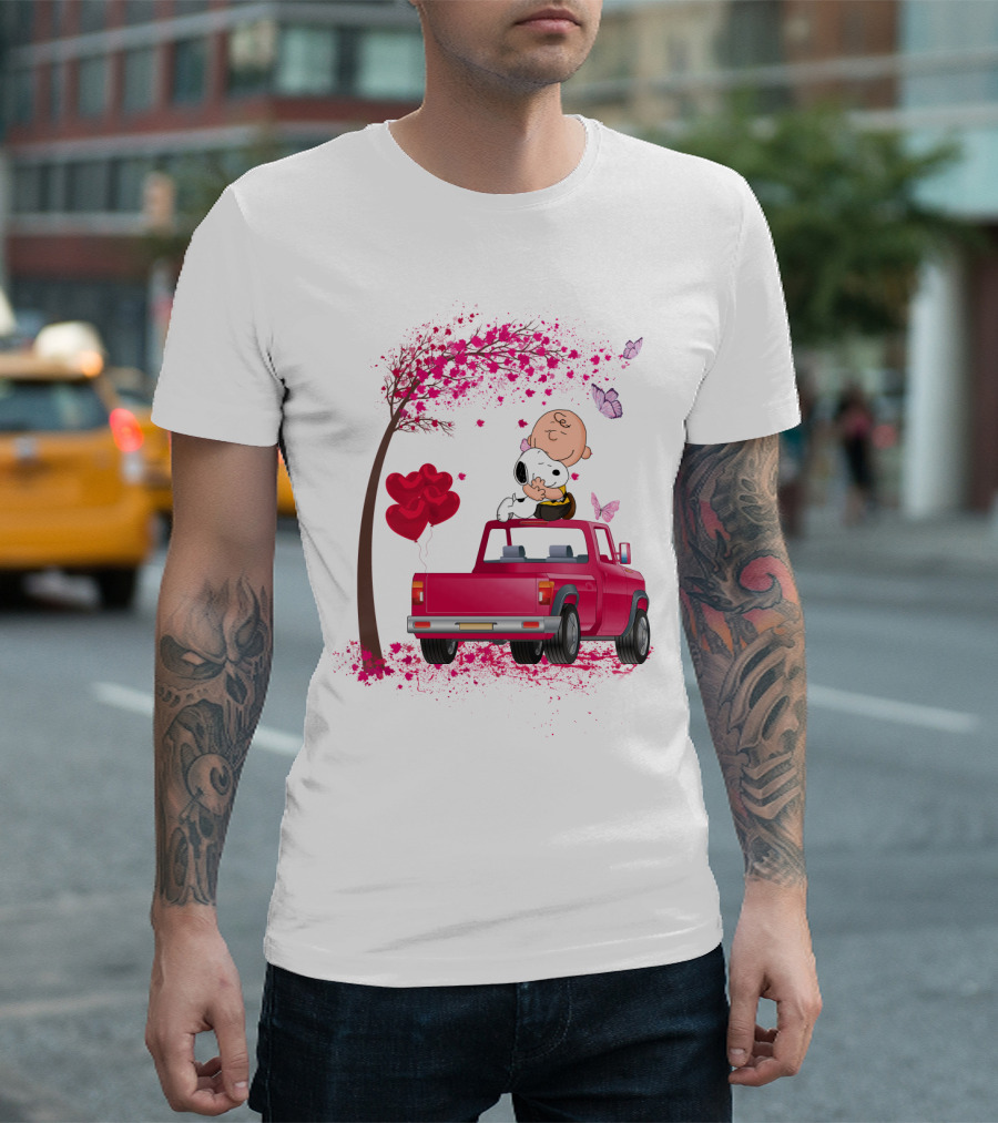 Snoopy Charlie Brown Red Truck Hearts Butterflies Tree T-Shirt