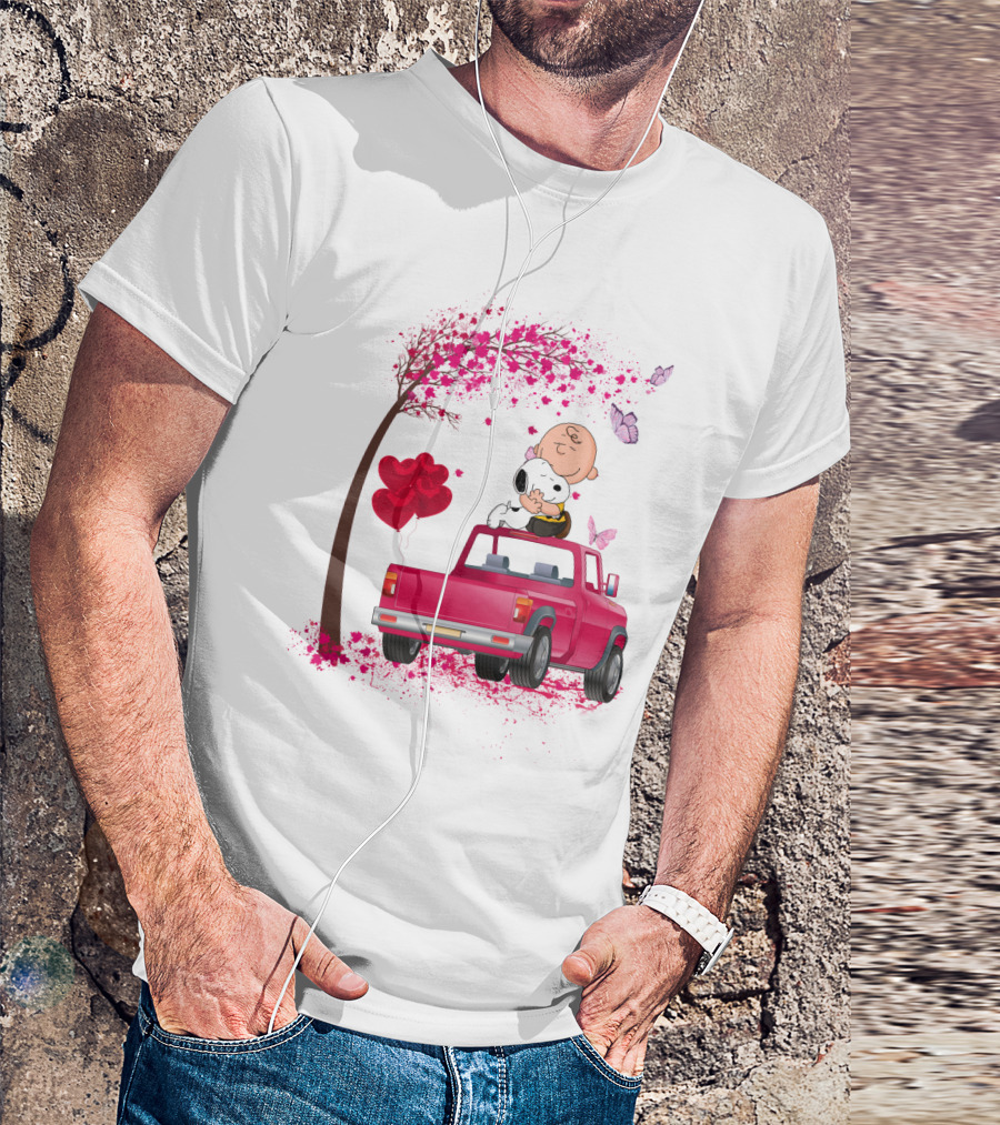 Snoopy Charlie Brown Red Truck Hearts Butterflies Tree T-Shirt