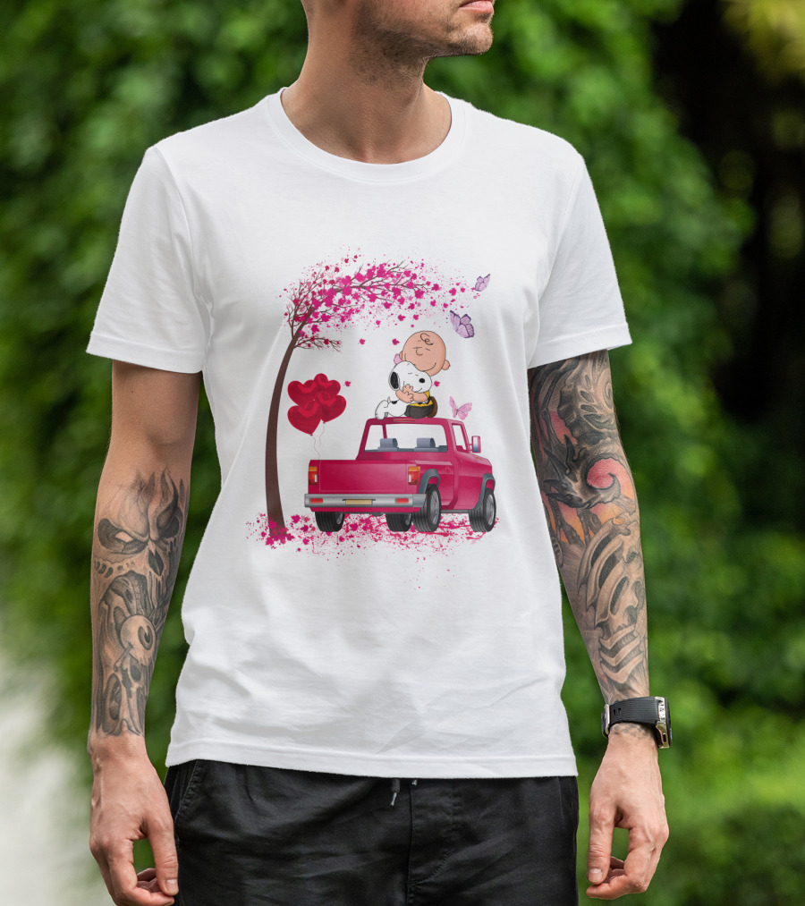Snoopy Charlie Brown Red Truck Hearts Butterflies Tree T-Shirt