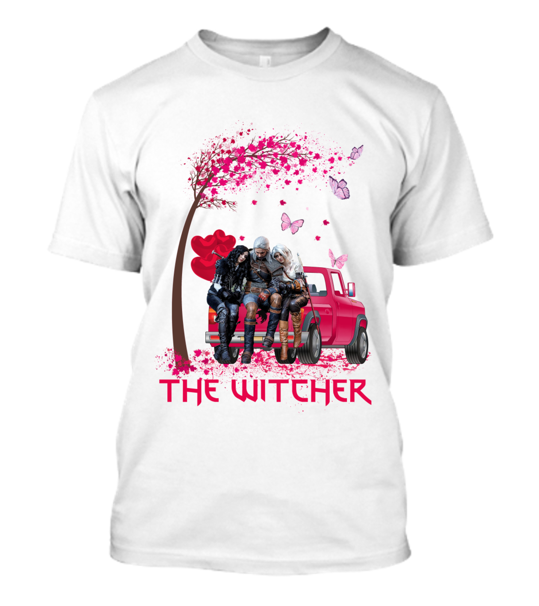 The Witcher Geralt Yennefer Ciri Pink Truck Hearts Butterflies Tree T-Shirt