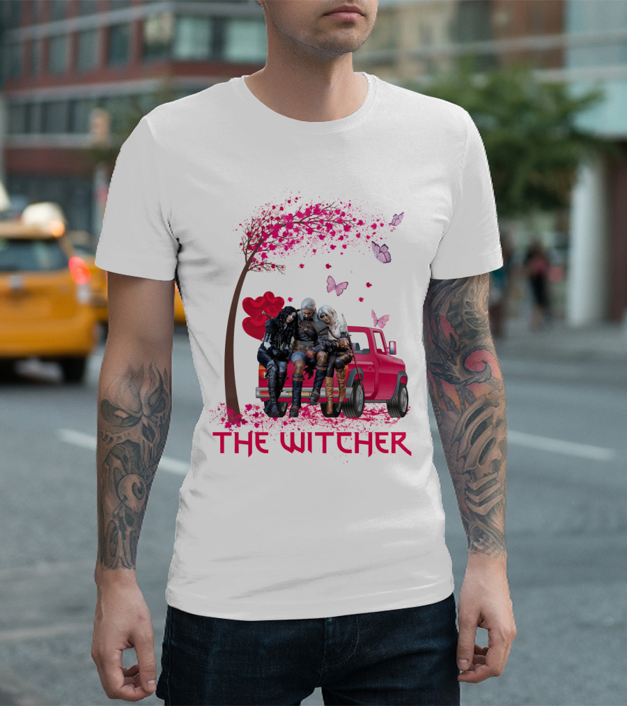 The Witcher Geralt Yennefer Ciri Pink Truck Hearts Butterflies Tree T-Shirt