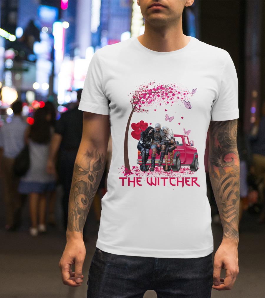 The Witcher Geralt Yennefer Ciri Pink Truck Hearts Butterflies Tree T-Shirt