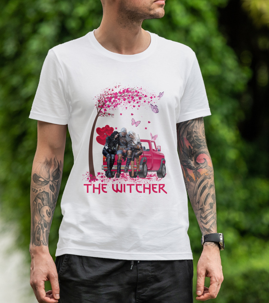 The Witcher Geralt Yennefer Ciri Pink Truck Hearts Butterflies Tree T-Shirt